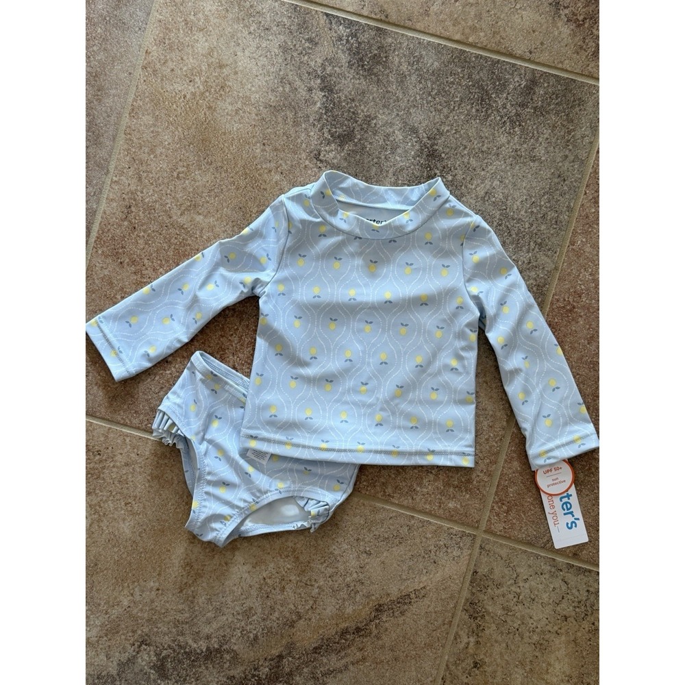 Carters Baby Girls Light Blue Lemon Print 2-Piece Rash Guard Swimsuit Set 9m NWT